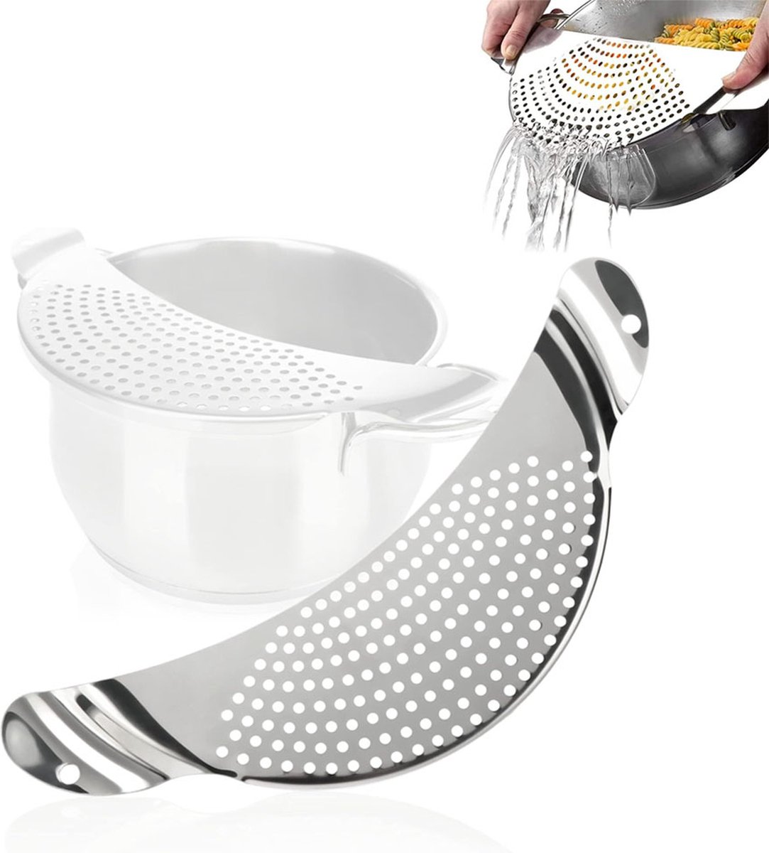 Stainless Steel Draining Aid - Draining Lid with Handles - Colander - 33.5 Cm - BPA-Free - Solid Compact Kitchen Draining Lid - Colander - Kitchen Sieve - Dishwasher Safe - Easy Draining - Storage Hook - For All Sizes of Pans