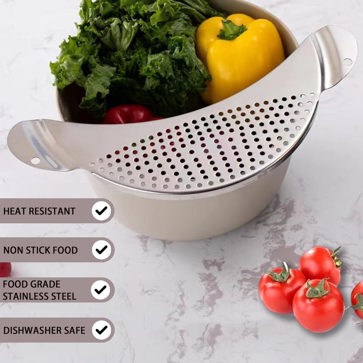 Stainless Steel Draining Aid - Draining Lid with Handles - Colander - 33.5 Cm - BPA-Free - Solid Compact Kitchen Draining Lid - Colander - Kitchen Sieve - Dishwasher Safe - Easy Draining - Storage Hook - For All Sizes of Pans