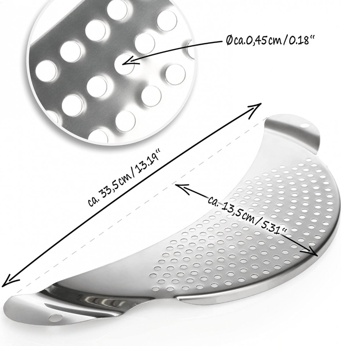 Stainless Steel Draining Aid - Draining Lid with Handles - Colander - 33.5 Cm - BPA-Free - Solid Compact Kitchen Draining Lid - Colander - Kitchen Sieve - Dishwasher Safe - Easy Draining - Storage Hook - For All Sizes of Pans