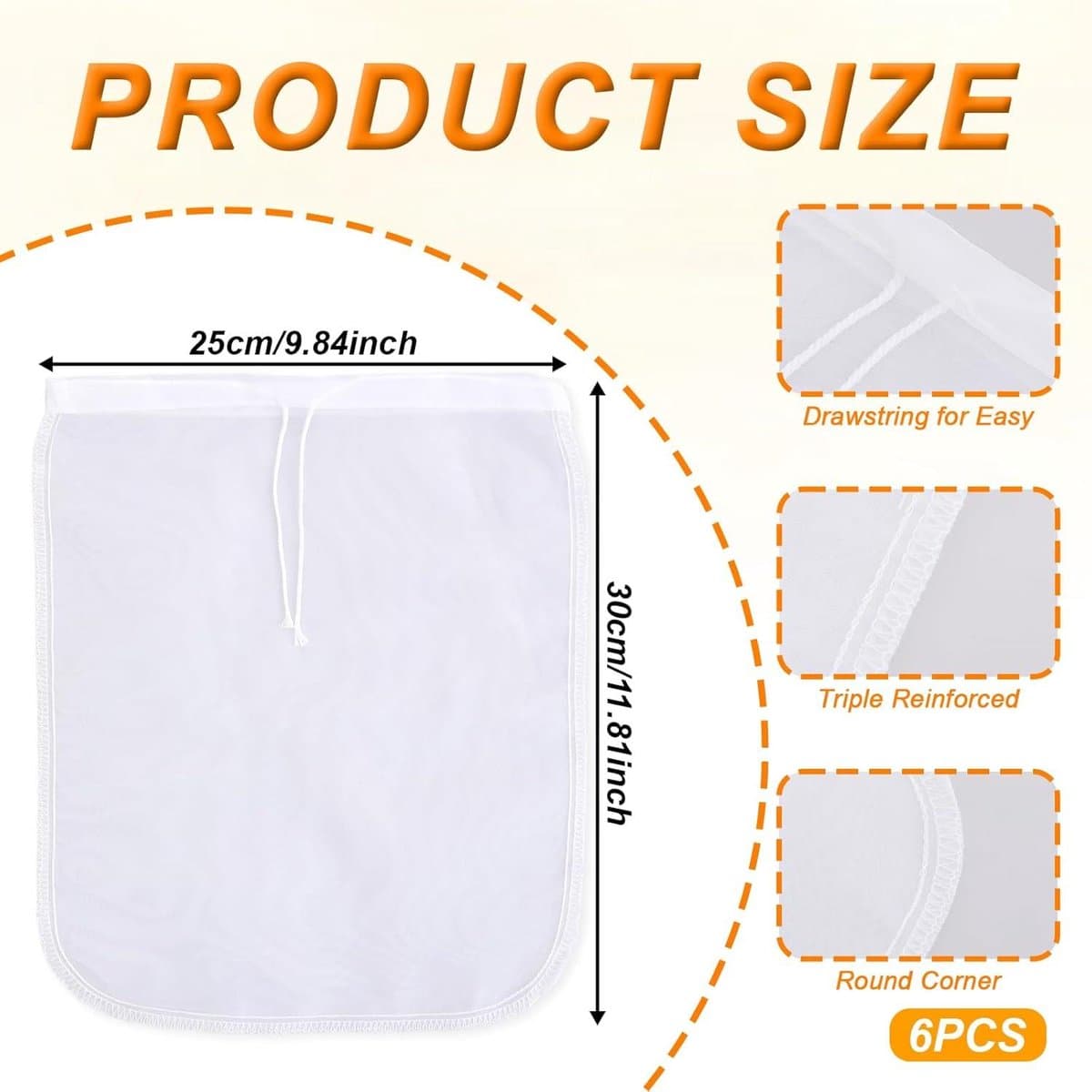 Nut Milk Bag 6 Pieces Reusable Nylon 12"x10" White Fine Mesh Strainer for Juices Yogurt Coffee Tea Milk