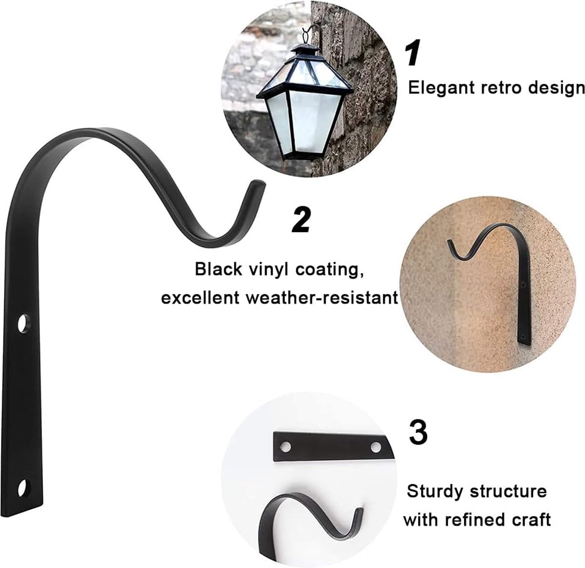 Metal Plant Hook - 4 Pieces - Flowerpot Hook - Wall Hook for Plants - Hanging Basket Wall Hook - Wall Decoration - Incl. Screws - Indoor or Outdoor - Hanger for Plants or Decoration - Lantern Hook - Garden Hook - for Plantpots - White