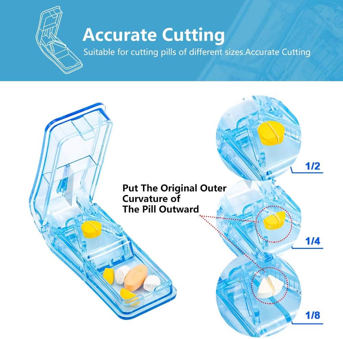 Pill Cutter - 2-Piece Pill Splitter - Tablet Splitter - Medicine Cutter - Pill Cutter - BPA-Free - Pill Storage Box - Pill Box with Sharp Blade - Suitable for Hard Pills - Small and Large Pills - Portable Cutting Mechanism - Blue