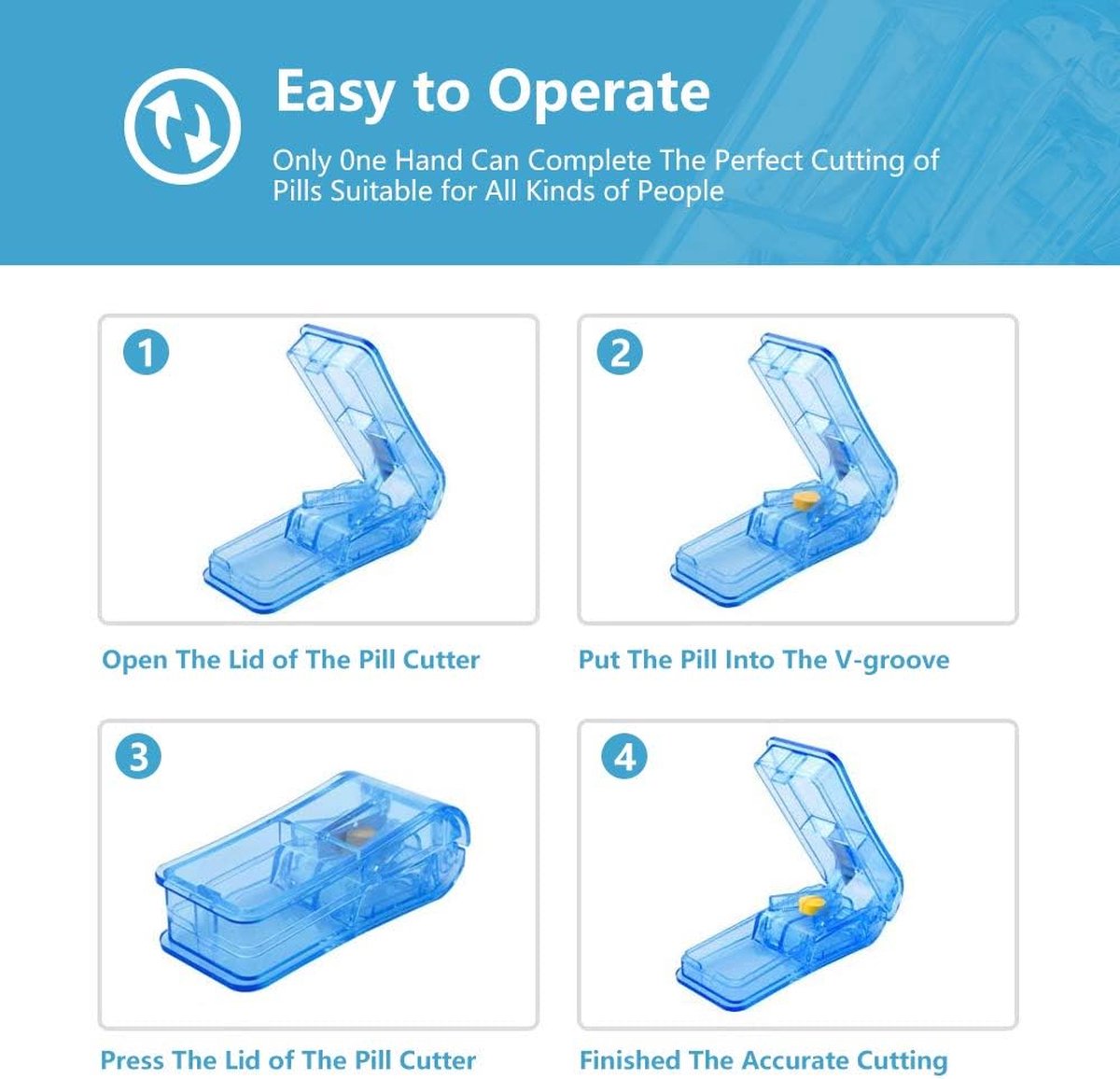 Pill Cutter - 2-Piece Pill Splitter - Tablet Splitter - Medicine Cutter - Pill Cutter - BPA-Free - Pill Storage Box - Pill Box with Sharp Blade - Suitable for Hard Pills - Small and Large Pills - Portable Cutting Mechanism - Blue
