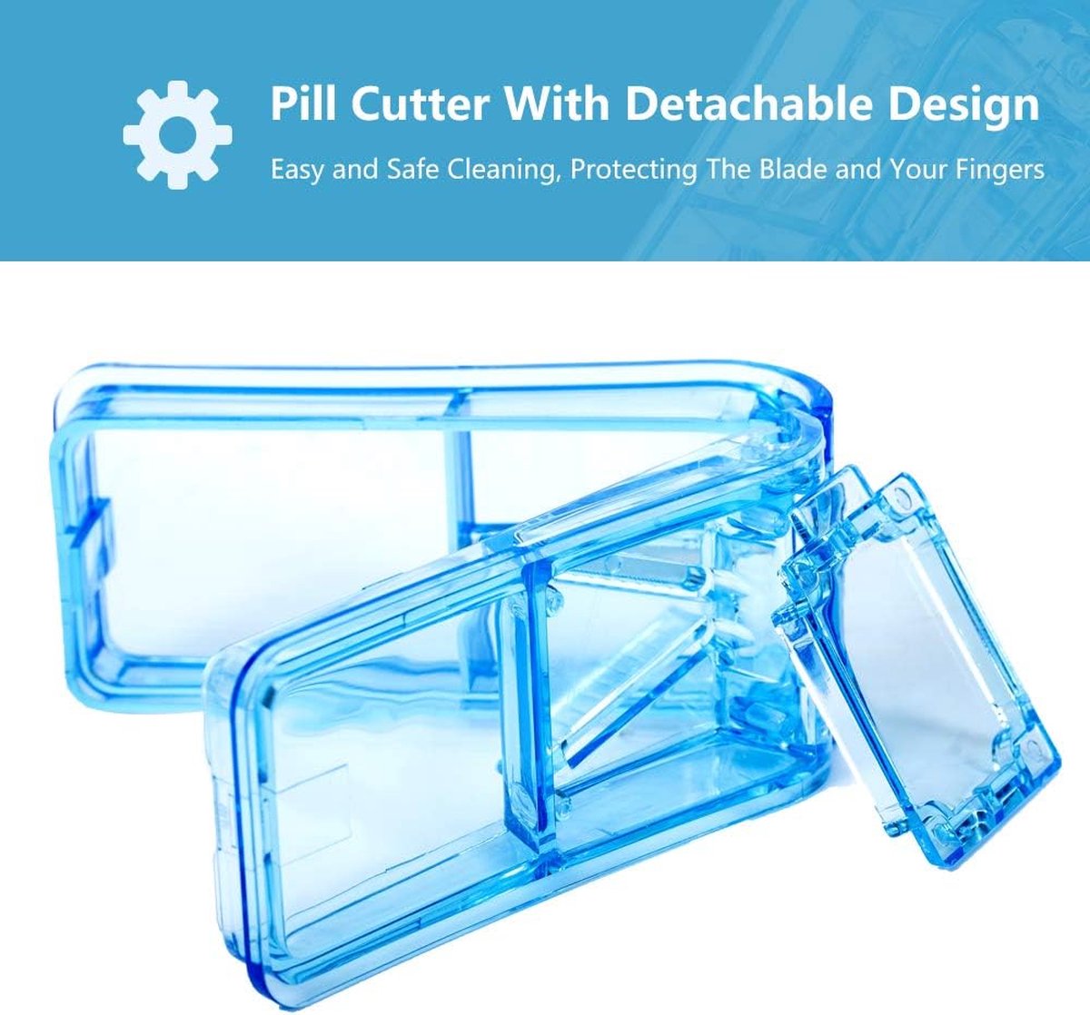 Pill Cutter - 2-Piece Pill Splitter - Tablet Splitter - Medicine Cutter - Pill Cutter - BPA-Free - Pill Storage Box - Pill Box with Sharp Blade - Suitable for Hard Pills - Small and Large Pills - Portable Cutting Mechanism - Blue