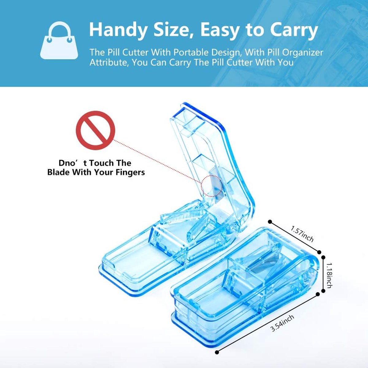 Pill Cutter - 2-Piece Pill Splitter - Tablet Splitter - Medicine Cutter - Pill Cutter - BPA-Free - Pill Storage Box - Pill Box with Sharp Blade - Suitable for Hard Pills - Small and Large Pills - Portable Cutting Mechanism - Blue