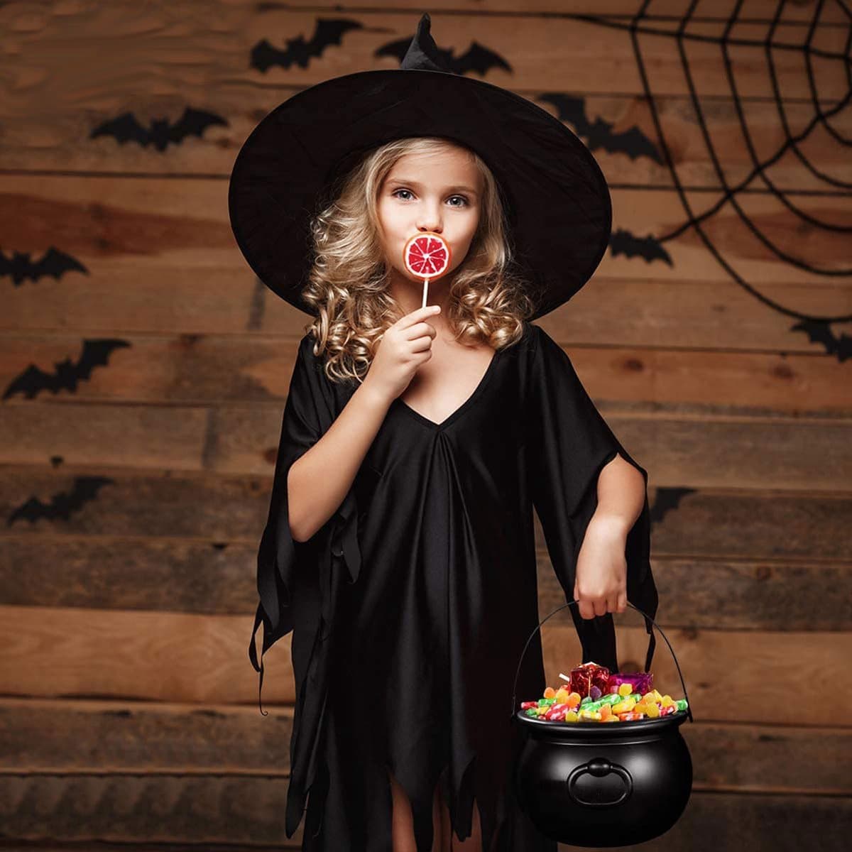 Halloween Treat Bucket Creative Witch's Cauldron Black Plastic Large Capacity