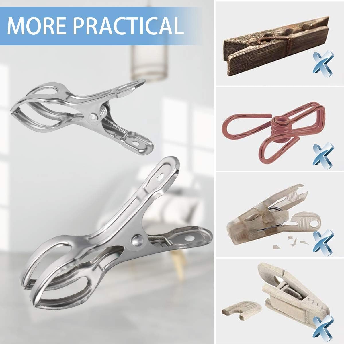 Clothes Pegs - 18 Pieces - Beach Towel Anti-Wind Pegs for Beach Chair - Stainless Steel - Large - Opening 6 Cm - Clothes Rack Pegs - Anti-Slip Clip - Skirt Clip - Quilt - Sheet - Bath Towel - Extra Long and Sturdy - Durable
