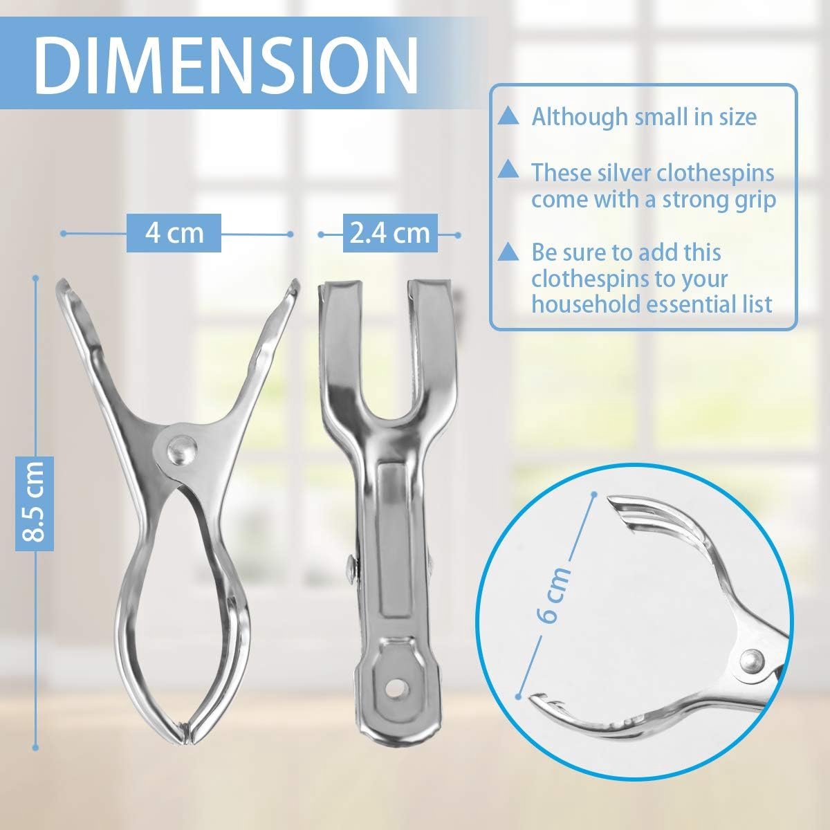 Clothes Pegs - 18 Pieces - Beach Towel Anti-Wind Pegs for Beach Chair - Stainless Steel - Large - Opening 6 Cm - Clothes Rack Pegs - Anti-Slip Clip - Skirt Clip - Quilt - Sheet - Bath Towel - Extra Long and Sturdy - Durable