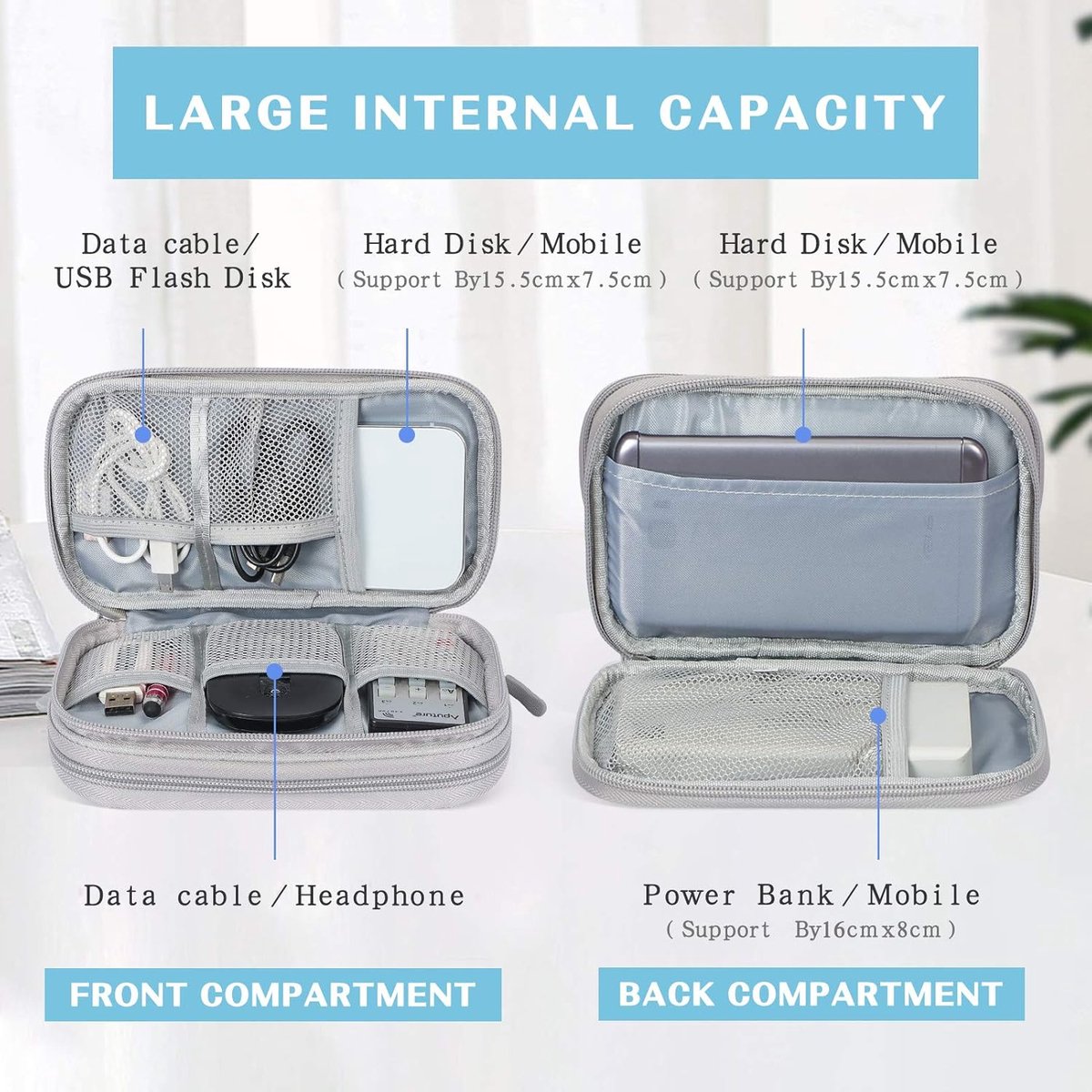 Cable Organizer Storage Bag 3 Layers - Cable Organizer Bag - Waterproof / Wear-Resistant - Cable Electronics Organizer - Cable Bag - Luxury Organizer For Cables And Accessories - Compact Cable Bag - Cable Organizer - Data Cable Organizer - Gray - Tra