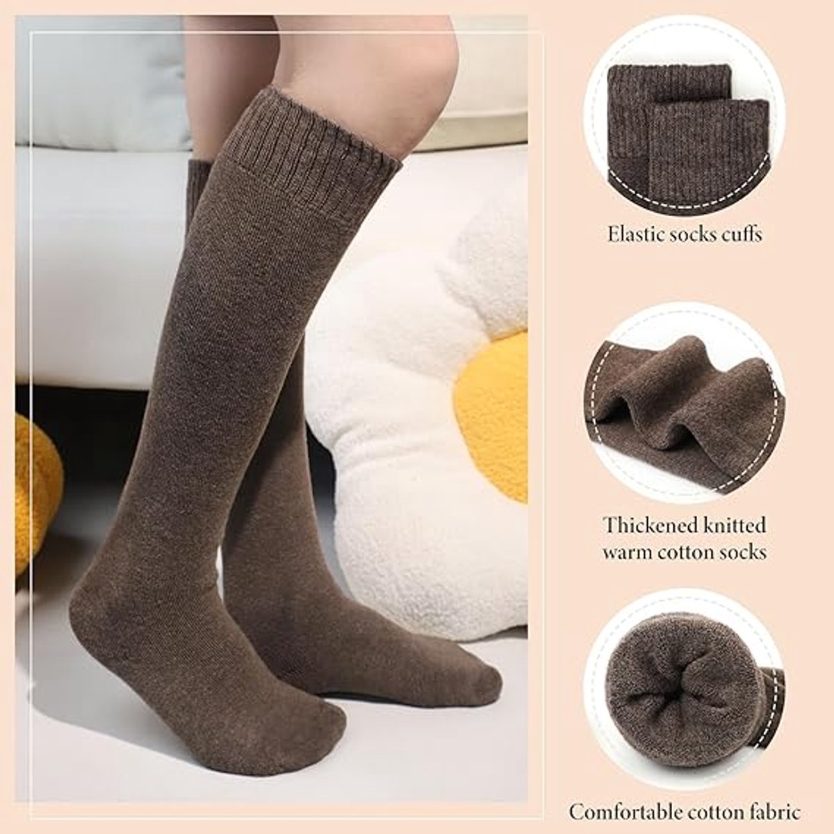 5 Pairs of Knee Socks - Socks - Winter Knee Socks Warm Long Boots - Women's Winter Knitted Overknee Socks - Soft Knitted Thermal Cotton Long Socks - Women's Warm Socks - Warm Knee Socks