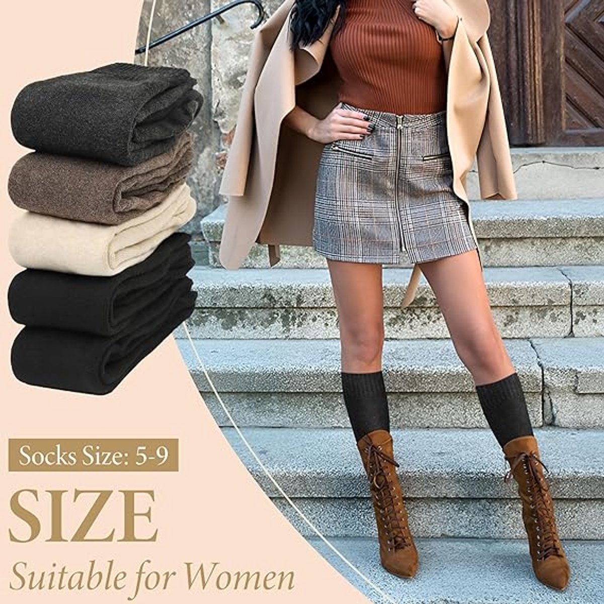 5 Pairs of Knee Socks - Socks - Winter Knee Socks Warm Long Boots - Women's Winter Knitted Overknee Socks - Soft Knitted Thermal Cotton Long Socks - Women's Warm Socks - Warm Knee Socks