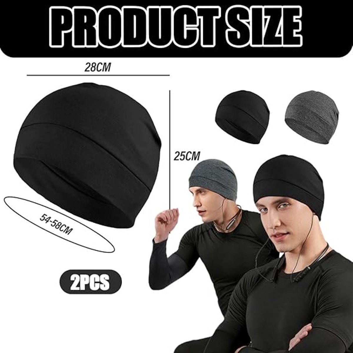 pieces - Beanie - Sleep cap - Running cap - Cycling cap - Helmet cap - for men and women - lightweight cotton thin skull cap - lightweight hat - for sports, chemo, sleeping, motorcycle helmet - hat circumference 54-58 cm - black, dark grey