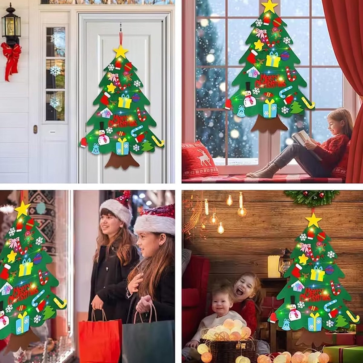 Felt Christmas tree - Christmas tree with lights - Felt Christmas tree for children incl. 32 ornaments - children's gift with string lights - Safe Felt DIY Tree - children's Christmas DIY wall hanging - Christmas Decoration Set - Christmas tree proje