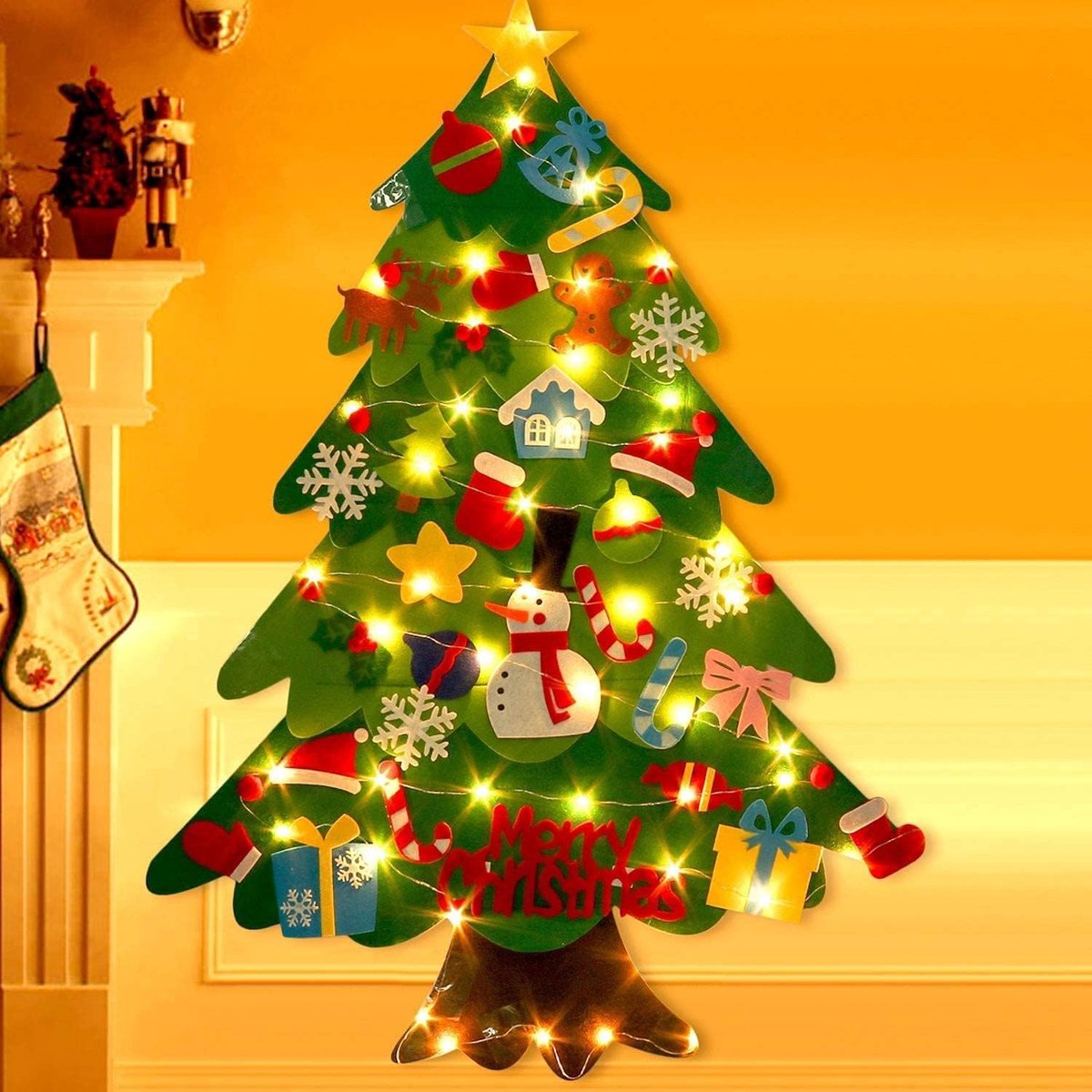 Felt Christmas tree - Christmas tree with lights - Felt Christmas tree for children incl. 32 ornaments - children's gift with string lights - Safe Felt DIY Tree - children's Christmas DIY wall hanging - Christmas Decoration Set - Christmas tree proje