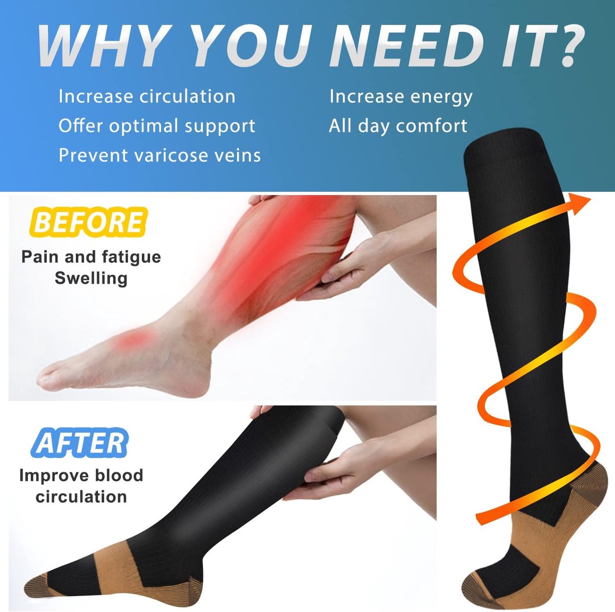 Pairs of Compression Socks for Men and Women - Running Socks - Support Socks - Compression Socks - Best Support for Nurses, Running, Cycling - Sports Socks - Compression Socks - Size 40-46