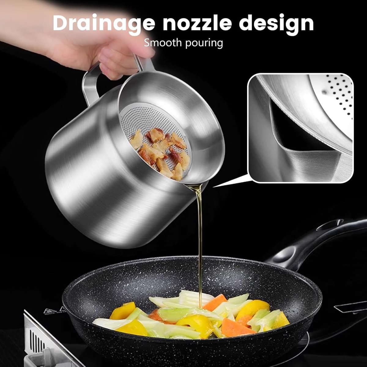 Stainless Steel Deep Fryer - 2 L - Filter Jug - Separates grease residues - Deep Fryer with Basket - Deep Fryer - Large Capacity - Suitable for Gas and Induction - Separates grease residues - Includes Frying Basket