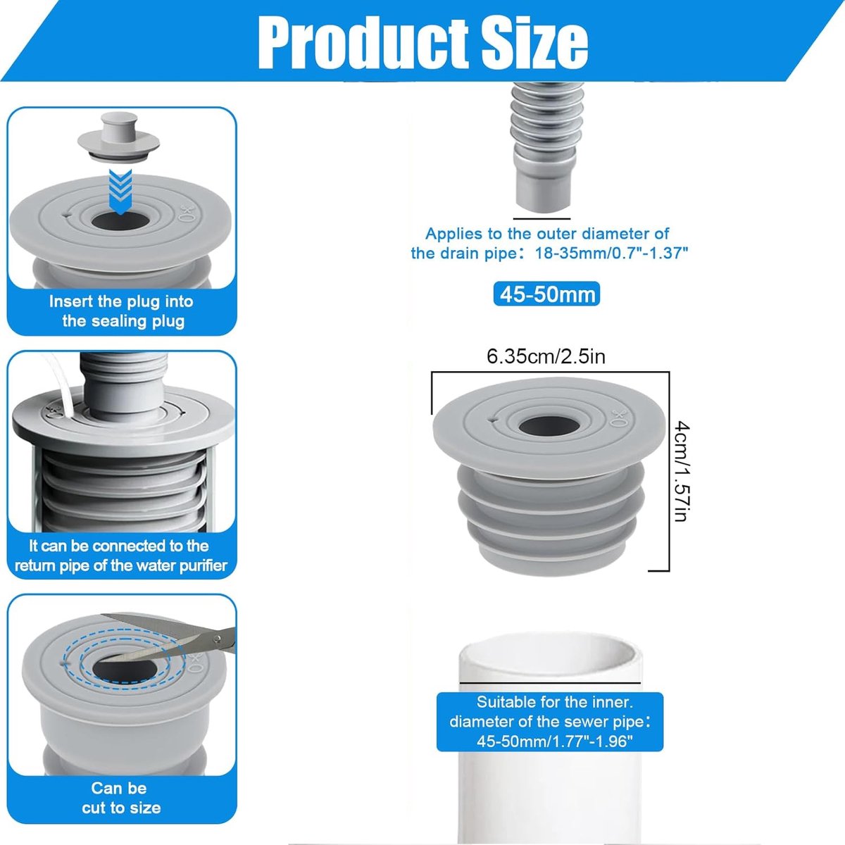 pieces - RF sealing ring - Sewer seals - applicable pipe inner diameter 45-50 mm - floor drain - drain pipe seal - silicone washing machine drain hose seal - anti-odor drain seal - with lid - for home, kitchen and bathroom - grey