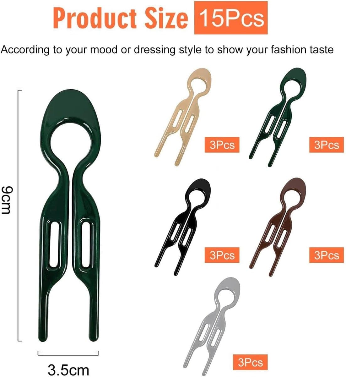 Hair Clips Set 15 Pieces U-shaped Hairpin 9cm Resin Hair Accessory 5 Colors