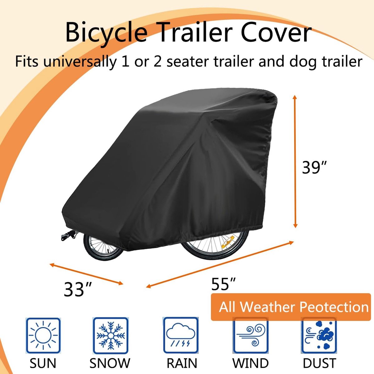 Bicycle Trailer Cover - Waterproof Bicycle Trailer Storage Cover - 420D Oxford Fabric - Waterproof cover for storing bicycle trailers - With PU coating - Child's Bicycle Trailer Cover - Anti-UV, windproof, dustproof, waterproof - 33*55*39 inches (84*