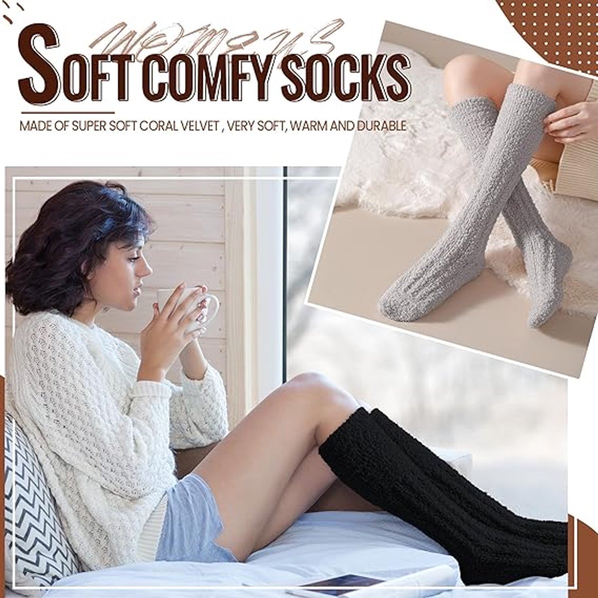 3 Pairs - socks - Knee socks - Warm Fuzzy Fleece Socks - Women's House Socks - Warm Winter Socks - Fluffy Socks - Sleep Socks - House Socks - keep warm - coral fleece - Plush and comfortable - thick plush socks - center tube socks