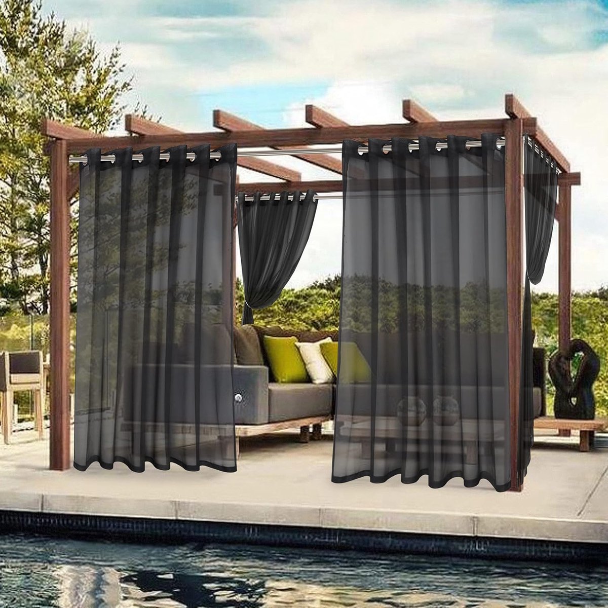 2-pack - Waterproof for outdoor use - Solid color - Transparent patio curtains - Sun protection and UV protection - Curtains with wide rings - Suitable for indoors, living room, bedroom, veranda, gazebo - Black - 183 x 132 cm