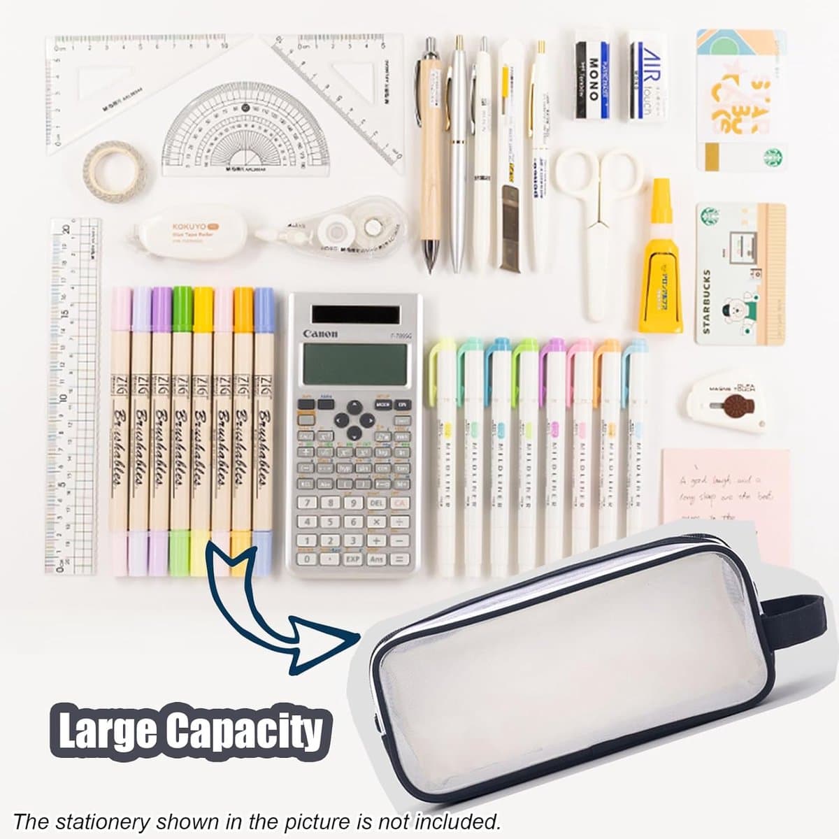 Pencil Case Transparent Dual Compartment Large 22x10x7cm Black