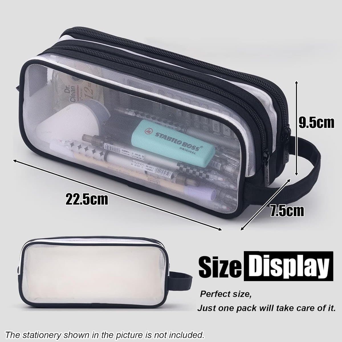 Pencil Case Transparent Dual Compartment Large 22x10x7cm Black