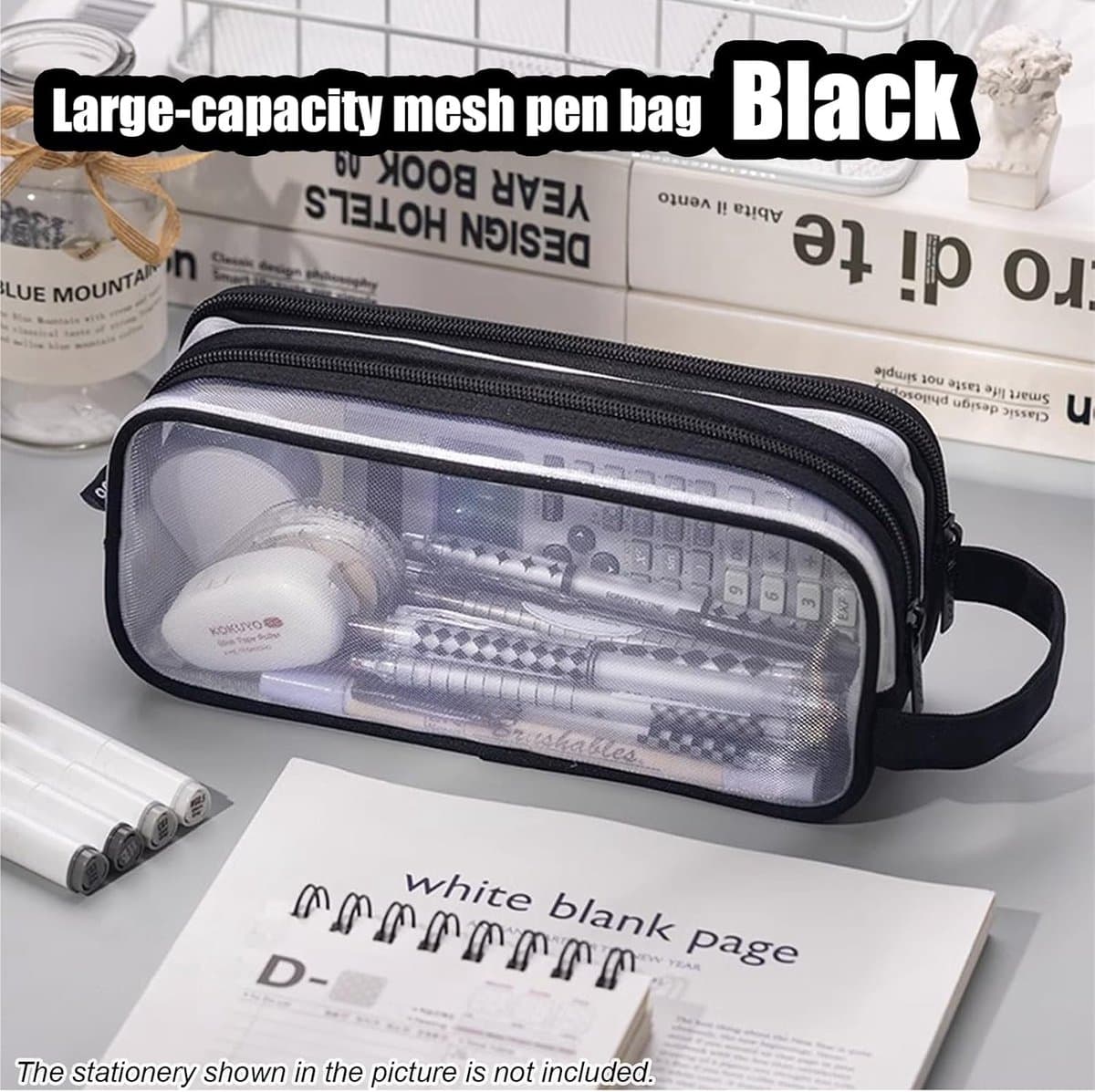 Pencil Case Transparent Dual Compartment Large 22x10x7cm Black