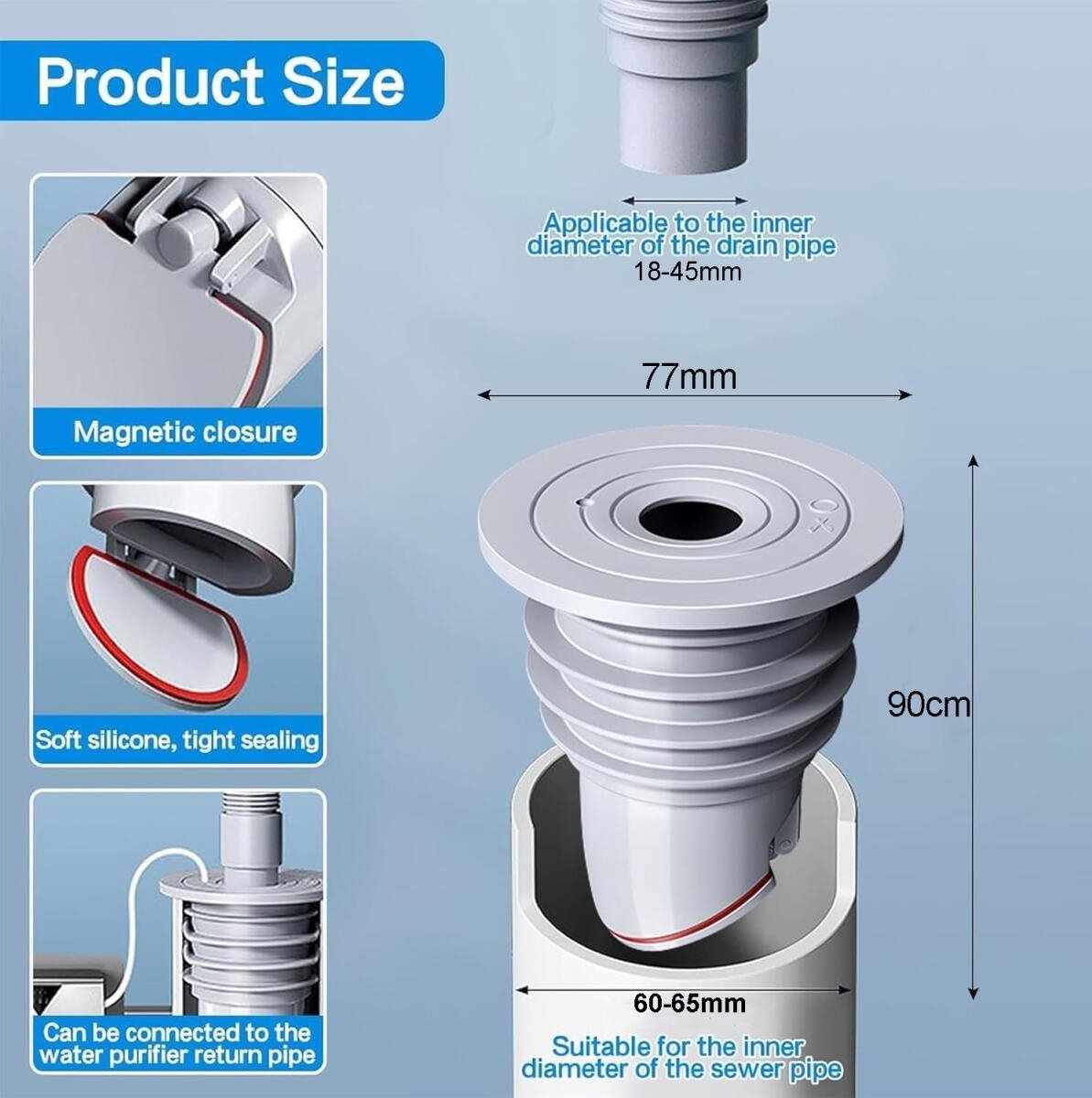 Washing machine drain plug - Sealing ring - suitable pipe inner diameter 60-65 mm - Drain plug - Sewer seals - Floor drain plug cover - drain pipe seal - anti-odor drain seal - with lid - for home, kitchen and bathroom - grey