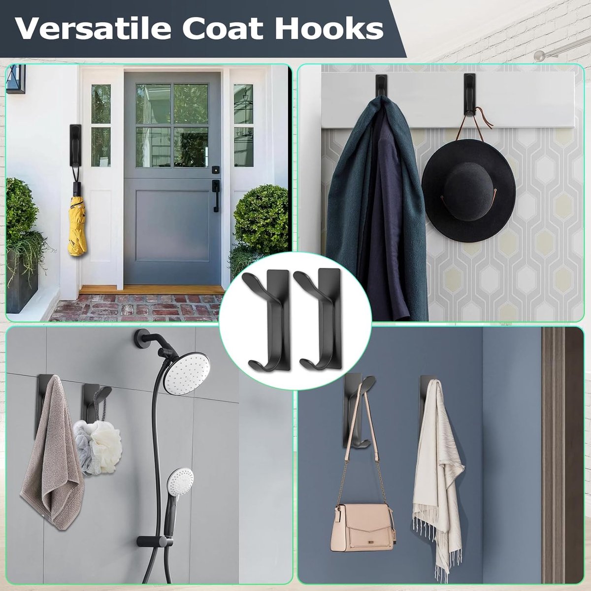 Pieces Wall-Mounted Coat Rack - No Drilling Required - Black Solid Wall Hook - Self-Adhesive Coat Hooks - Stainless Steel Towel Hanger for the Bathroom - Hanging Hooks - Double Hook Design Coat Rack - Wall / Coat Rack Hooks - Black