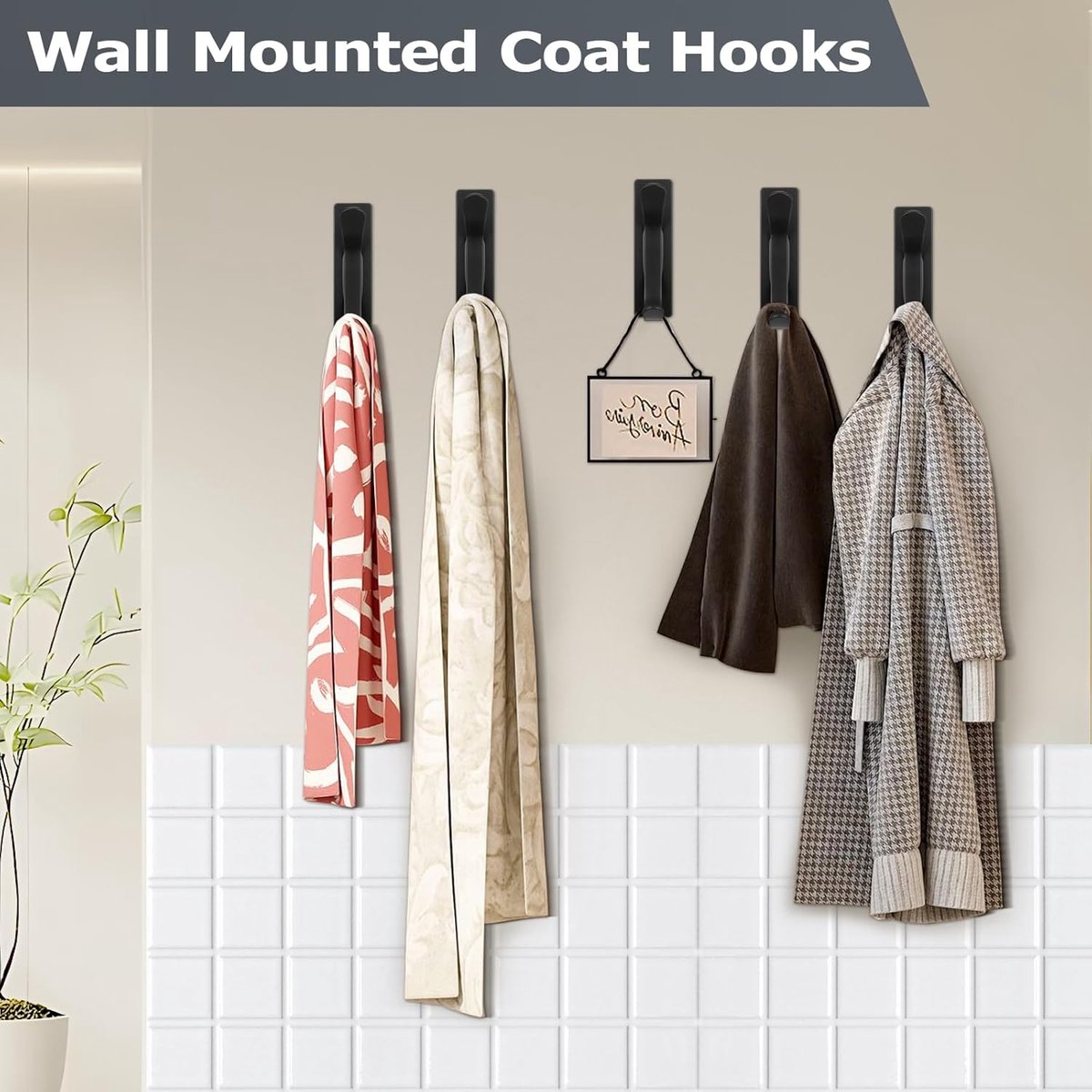 Pieces Wall-Mounted Coat Rack - No Drilling Required - Black Solid Wall Hook - Self-Adhesive Coat Hooks - Stainless Steel Towel Hanger for the Bathroom - Hanging Hooks - Double Hook Design Coat Rack - Wall / Coat Rack Hooks - Black