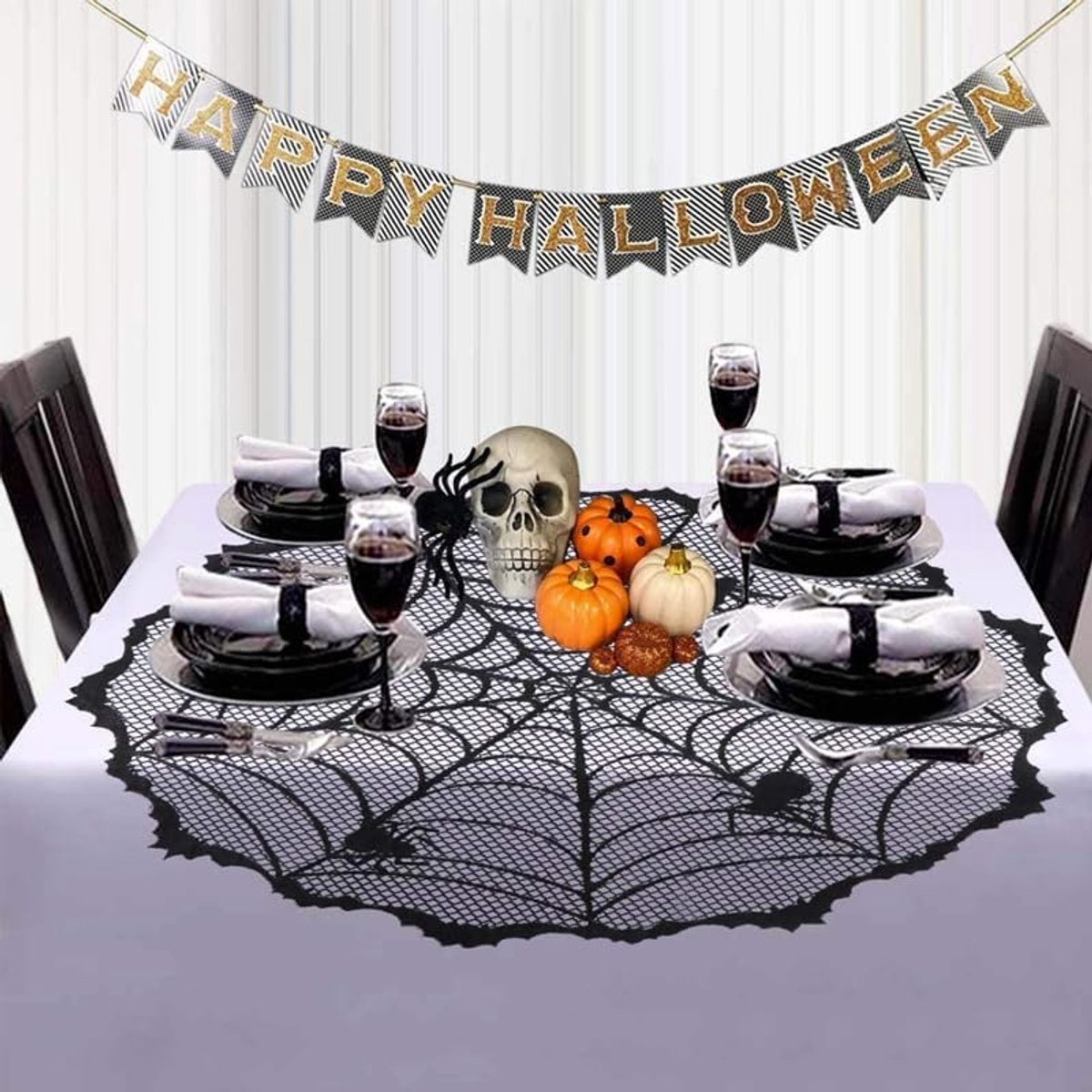 Tablecloth - 102 cm - Halloween tablecloth - table runner - round tablecloth - Halloween table decoration - black round lace spiderweb tablecloth - Interior decoration - lace tablecloth - Halloween party ornament - for Kitchen, Dining Table, Party Su