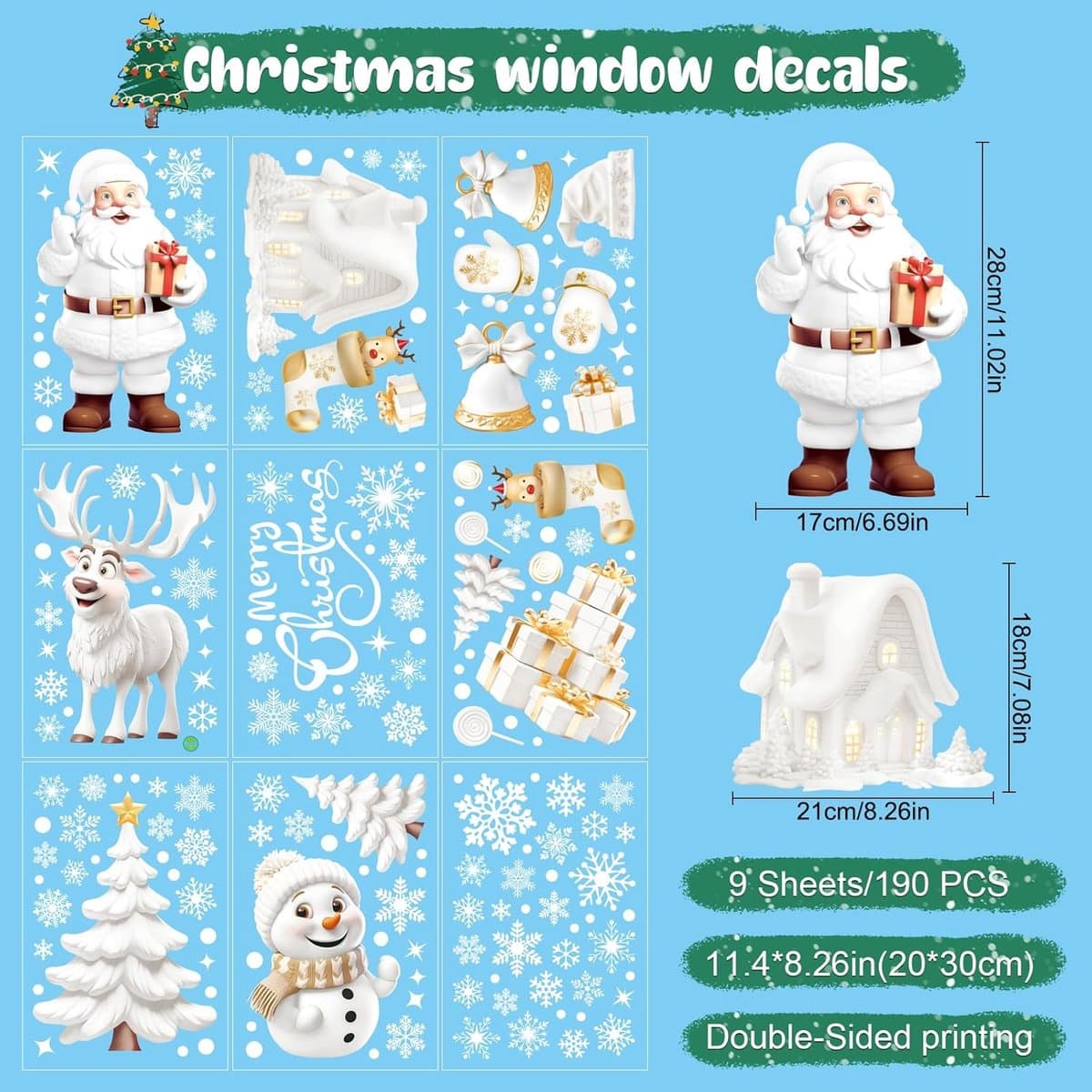 Christmas Window Stickers 9 Piece Reusable PVC Indoor Decoration White