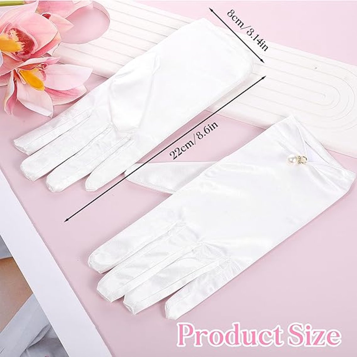 Gloves - Short satin gloves - Pearl glove - Wedding gloves - Satin tea party glove for ladies - Opera gloves - for tea party, tuxedo, dancing, wedding - 22*8 cm - white