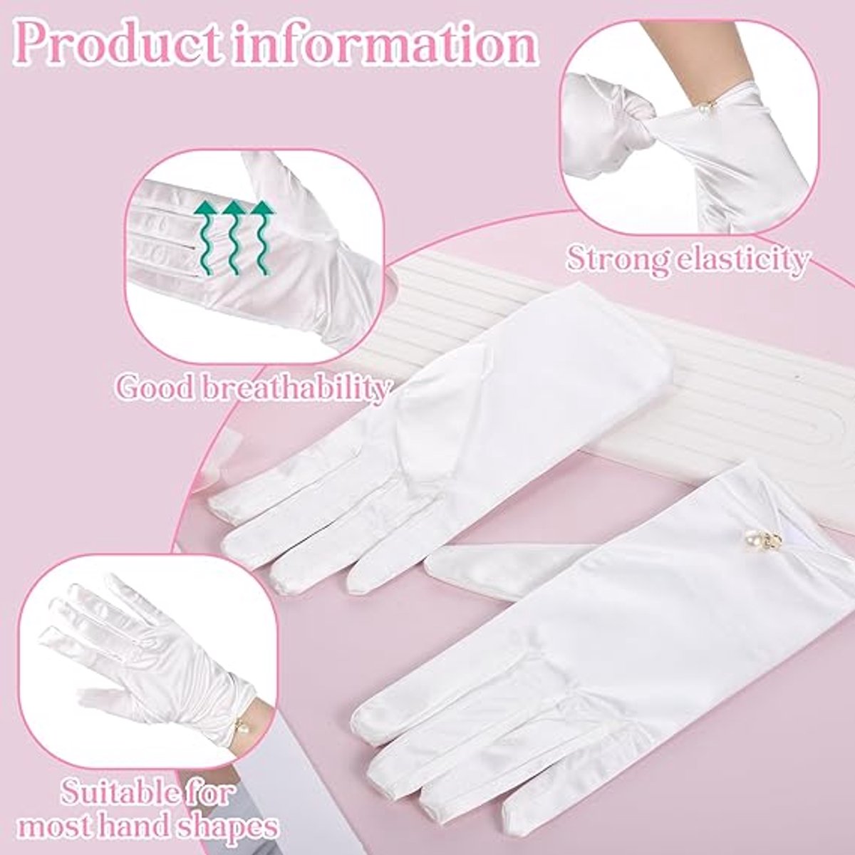 Gloves - Short satin gloves - Pearl glove - Wedding gloves - Satin tea party glove for ladies - Opera gloves - for tea party, tuxedo, dancing, wedding - 22*8 cm - white