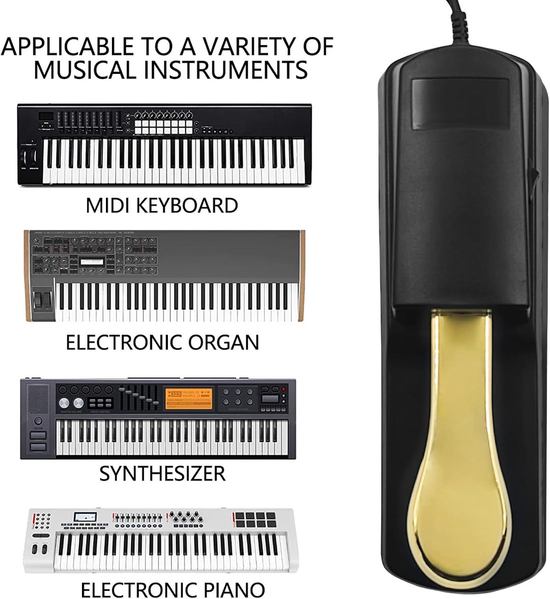 Universal sustain pedal for keyboard - Sustain pedal - universal piano foot pedal - for Boston sustain pedal for piano or keyboard - 1/4'' (6.35 mm) input plug - for digital piano/MIDI electronic keyboard and synthesizer - Gold