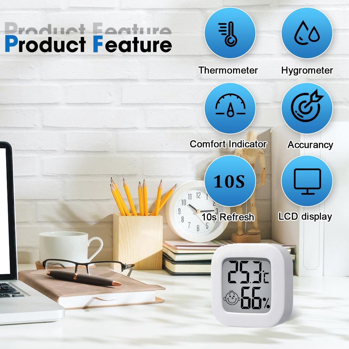 2 pieces - Mini digital indoor thermometer - Weather station - Thermometer - Highly accurate temperature monitor - Indoor thermometer - Hygrometer - Thermo-hygrometer - Comfort level indicator - White