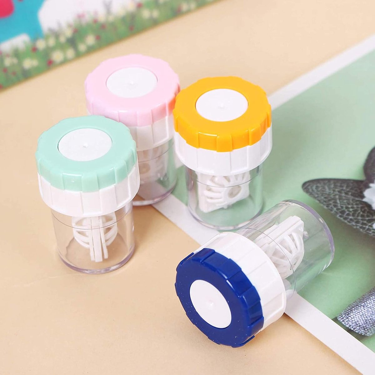 Lens case - 4 pieces - Contact lens holder - lens cleaning container - portable contact lens cleaner - contact lens cleaner - contact lens container cleaner - contact lens case - plastic - Manual contact lens cleaner - Travel storage set