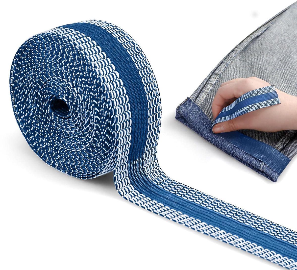 Iron-on tape - 10 m*2.5 cm - Hemming tape - Hemming tape for trousers - Curtain tape - pleating tape - iron-on hem tape - self-adhesive tape without sewing - for hemming - washable repair tape - for jeans, suit trousers, waistband - blue