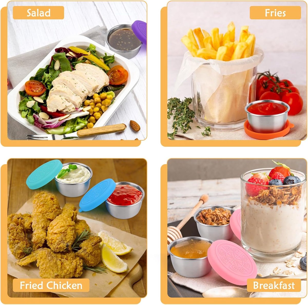 Mini Food Storage Containers - Stainless Steel Snack Box - Set of 12 Dressing Jars - Small Stainless Steel Sauce Container - Durable Snack Boxes - Freezer Containers - Dressing Container - Sauce Cups - 50ML Dressing Container With Silicone Lids - for