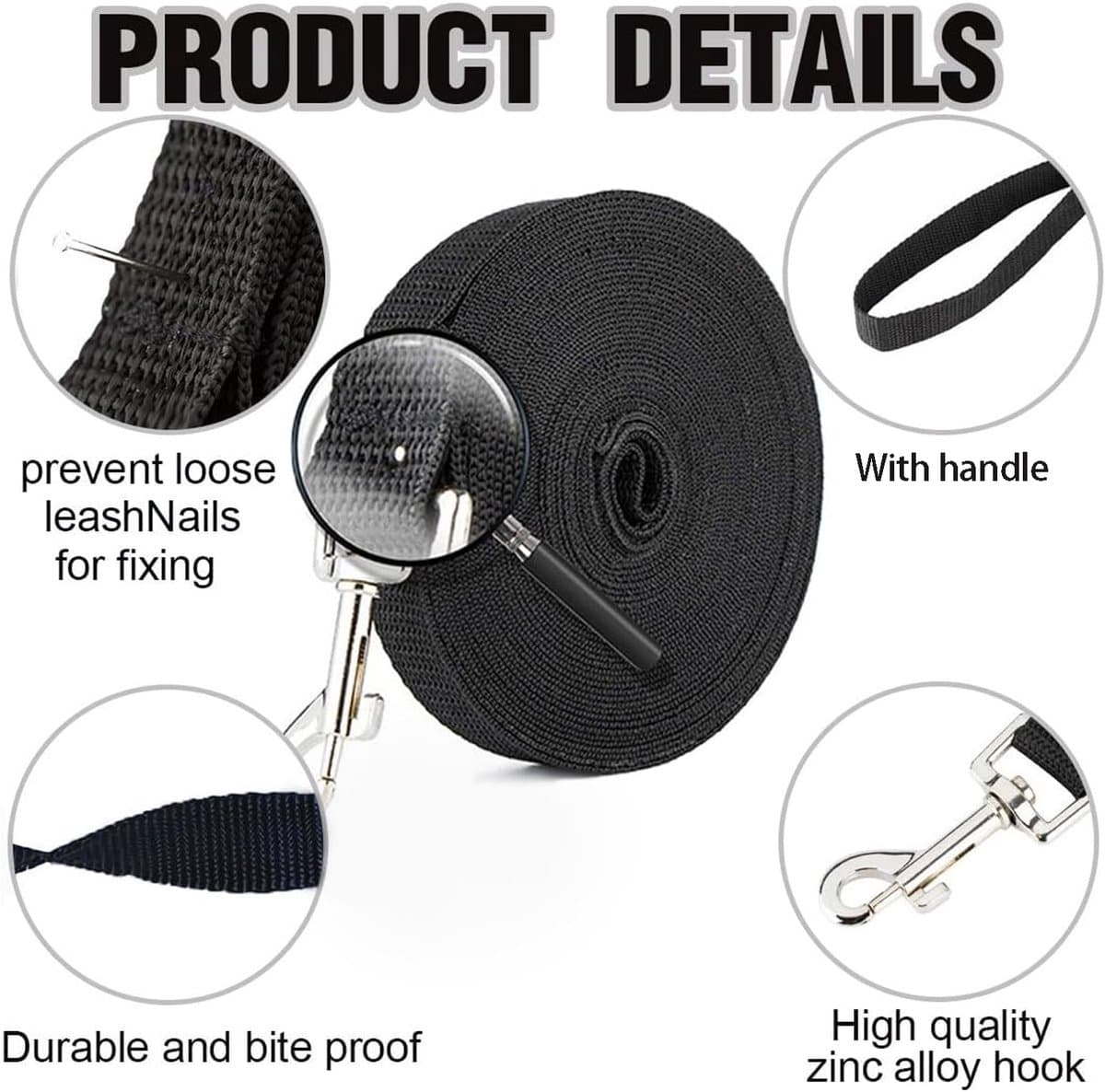 Dog Leash 20m Waterproof Training Leash with Wrist Strap and 360° Carabiner for Medium and Large Dogs Black