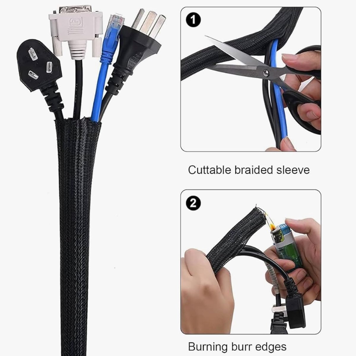 3m*13mm - cable protector - cable management - cable sleeve - black cable cover - cable management - cable cover for cable harness - braided cable cover - split and self-rolling cover - for USB cable, power cable, audio and video cable - black