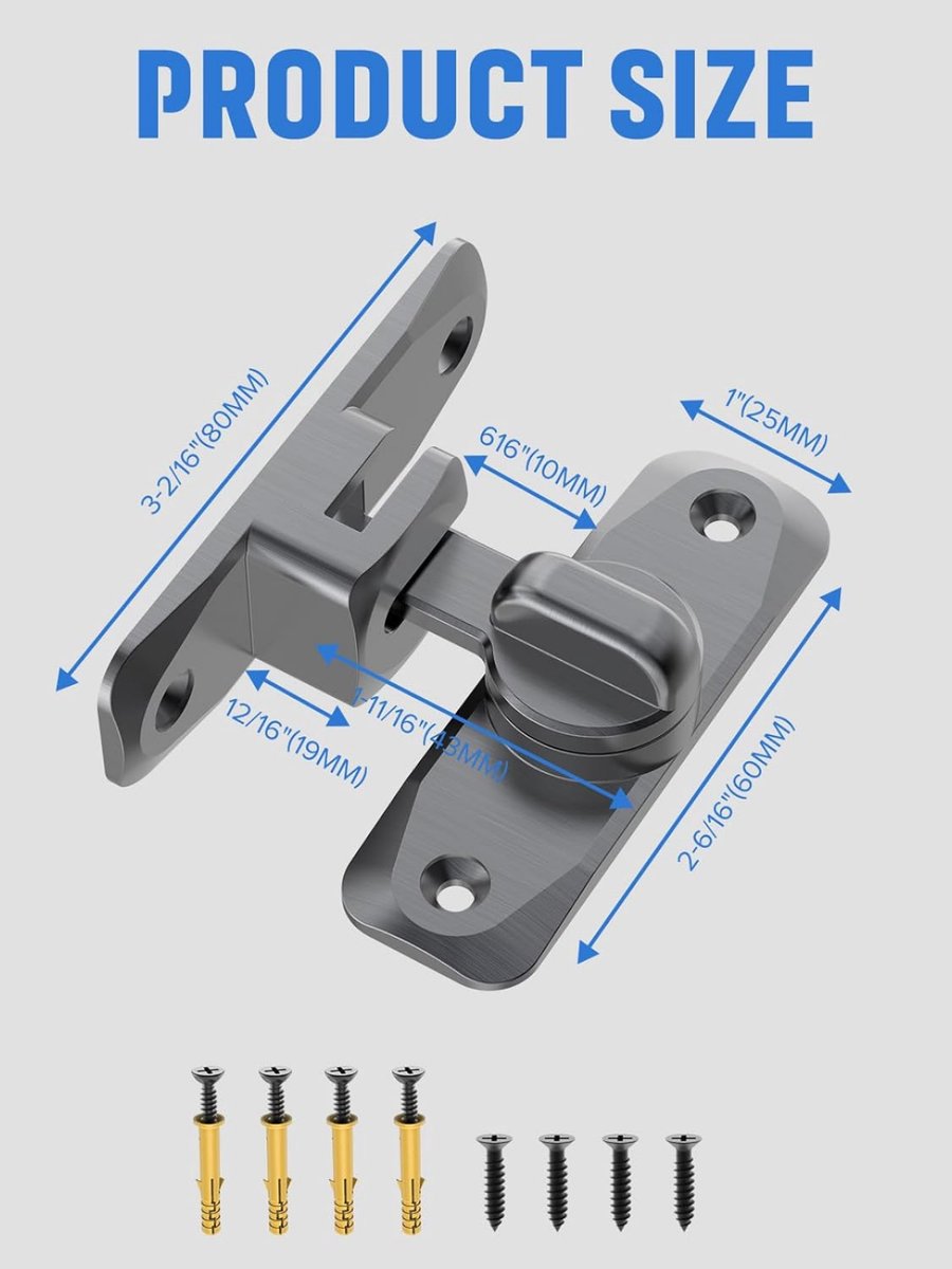 2 pieces - 90/180 degrees - sliding door lock - privacy protection - security sliding door lock - small gate locks - hardware for shed, garden, bathroom, cupboard, window - 80*25 mm - grey