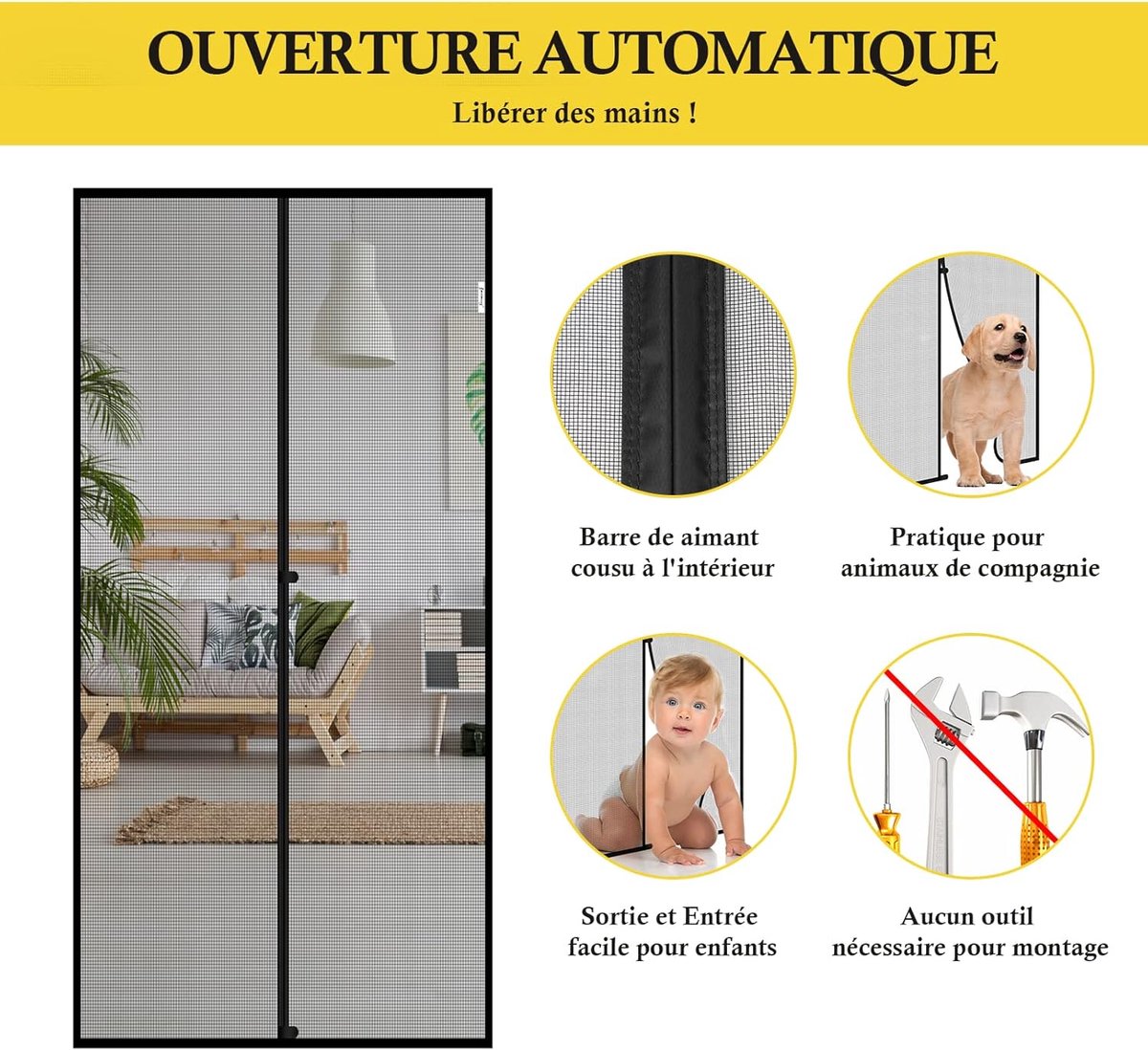 Magnetic insect screen for doors and windows - Insect screen - with tension straps - with magnetic curtain - Mosquito-repellent - for hallways, doors, windows, and patios - Easy to install - Black - 100 x 210 cm