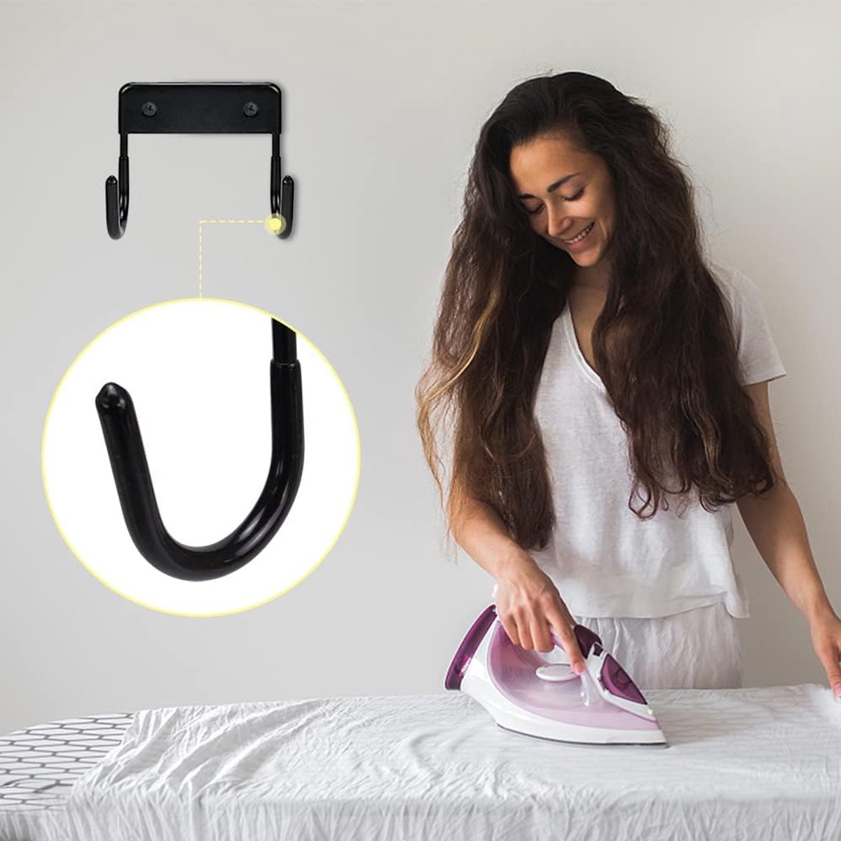 Ironing board holder - Ironing board hanging system - Hook for ironing board - Wall-mounted ironing board holder - Ironing board organizer - Hook - Storage hooks - wall hooks - tool hooks - for laundry rooms, garages and storage rooms - 12*11*6 cm -