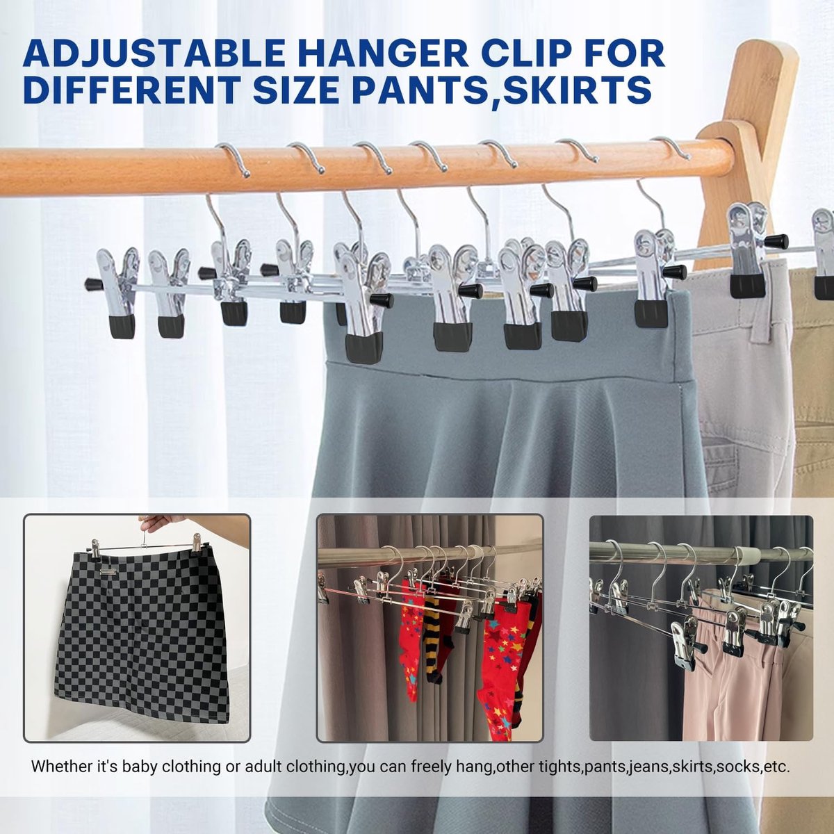 Clothes Hangers - 20 Pieces - Trouser Hangers - Trouser Hangers with Clips - Garment Hangers - Skirt Hangers - Non-Slip Hanger with Clips - Clothes Rack/Coat Rack/Jacket/Trouser Hanger - Space-Saving - Adjustable Clip Hangers - For Trousers Skirts So