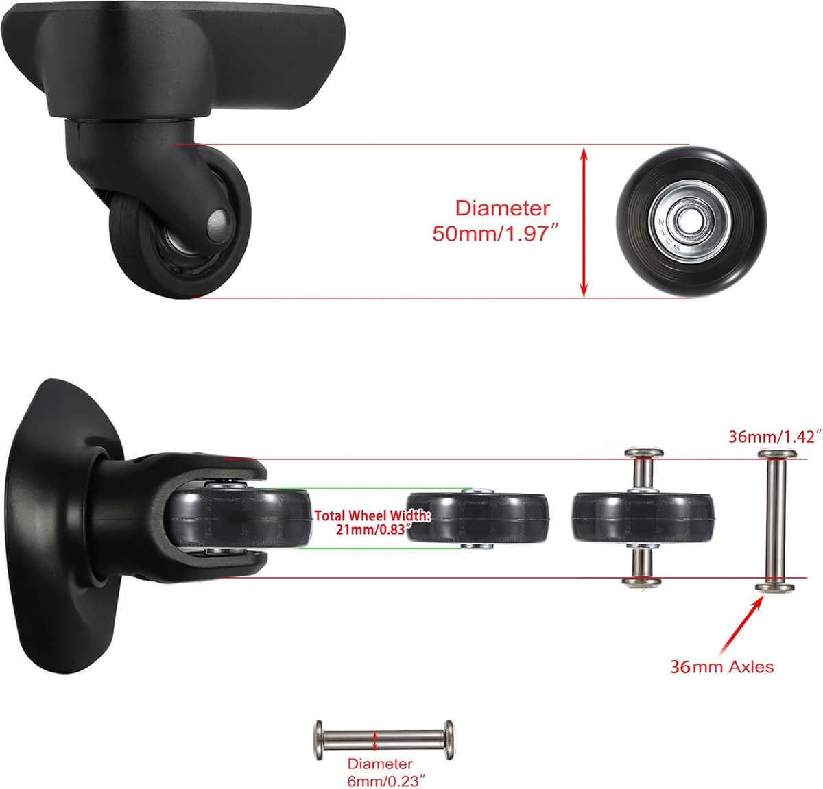 Set of 2 - Suitcase wheels - Replacement wheels for suitcases - Rubber casters - Bearings - Repair kits - 50mm x 18mm - Spare wheels - Suitcase - Casters - Luggage wheels - With screws - Wheels - Caster wheel - Suitcase wheels replacement set