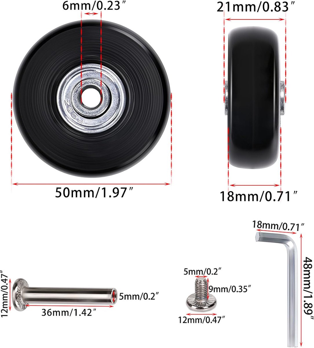 Set of 2 - Suitcase wheels - Replacement wheels for suitcases - Rubber casters - Bearings - Repair kits - 50mm x 18mm - Spare wheels - Suitcase - Casters - Luggage wheels - With screws - Wheels - Caster wheel - Suitcase wheels replacement set