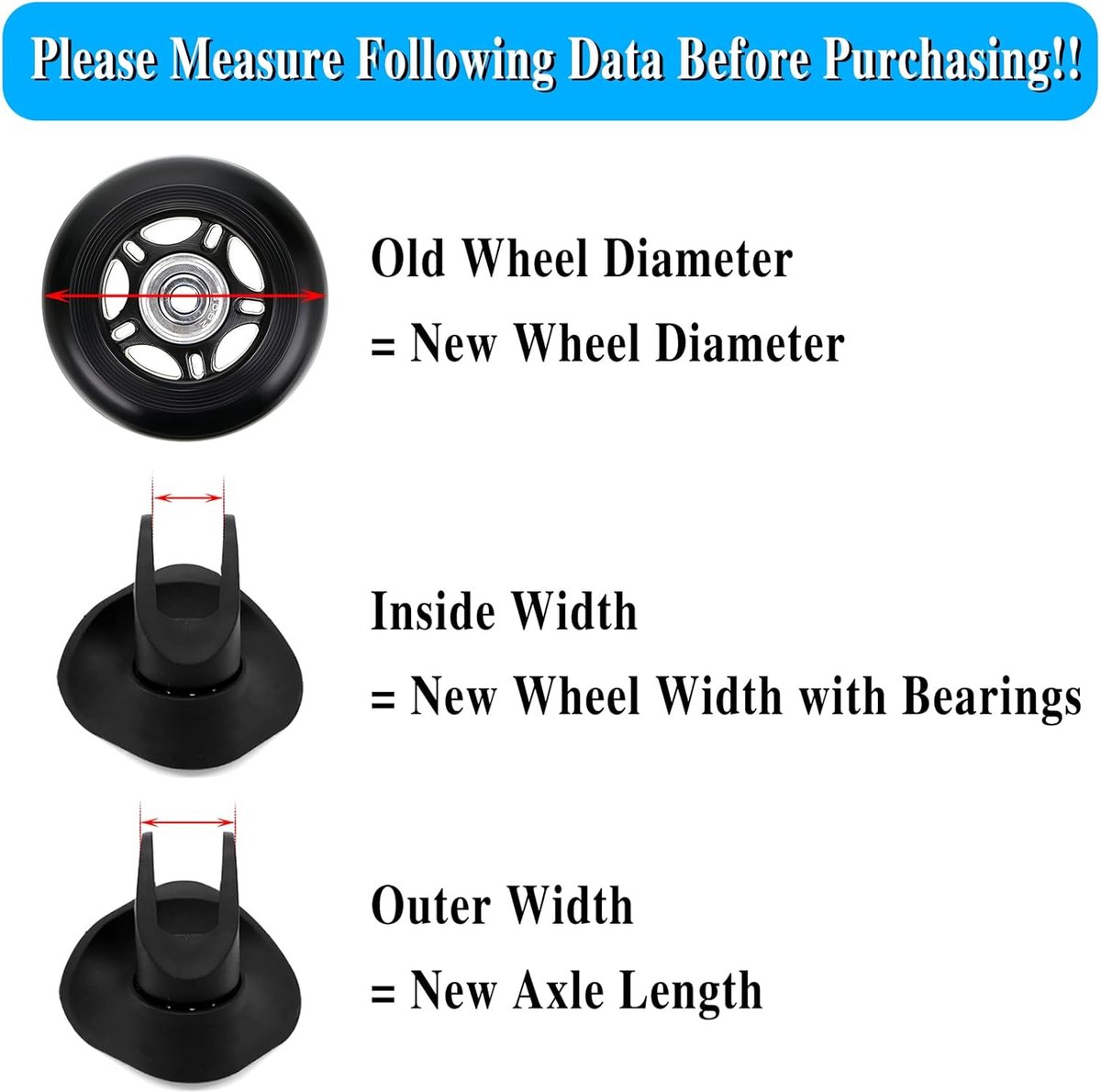 Set of 2 - Suitcase wheels - Replacement wheels for suitcases - Rubber casters - Bearings - Repair kits - 50mm x 18mm - Spare wheels - Suitcase - Casters - Luggage wheels - With screws - Wheels - Caster wheel - Suitcase wheels replacement set