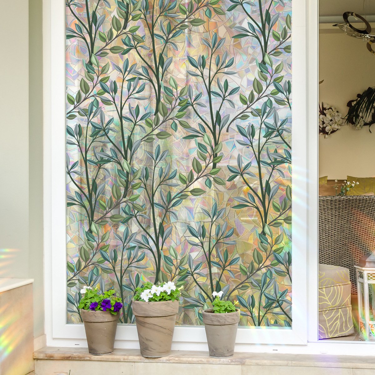 Window film - 40 x 100cm - Sun protection & insulating - Static - Static self-adhesive adhesive film - Decorative film - Stained glass - Green vines - PVC